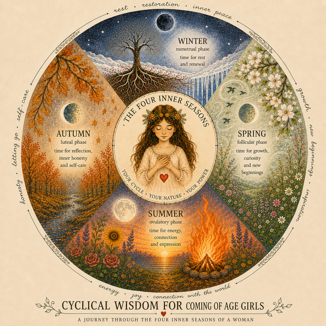 Watercolor illustration of the four inner seasons of a woman—Spring, Summer, Autumn, and Winter—illustrating the connection between the menstrual cycle and the rhythms of nature.